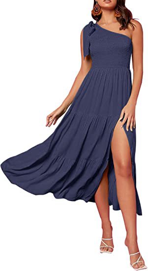 2023 New Summer Fashion Women's One-shoulder Pleated Layered Hem Split Dress - Product upscale