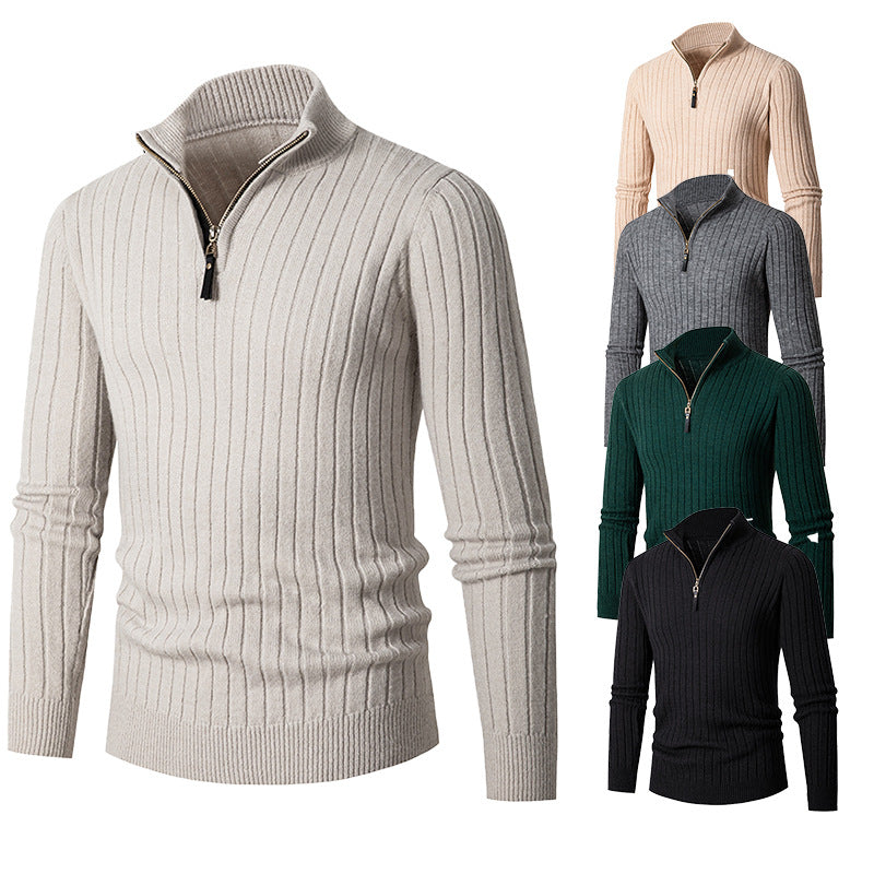 Men's Long-sleeved Half-turtleneck Zip-up Sweater - Product upscale