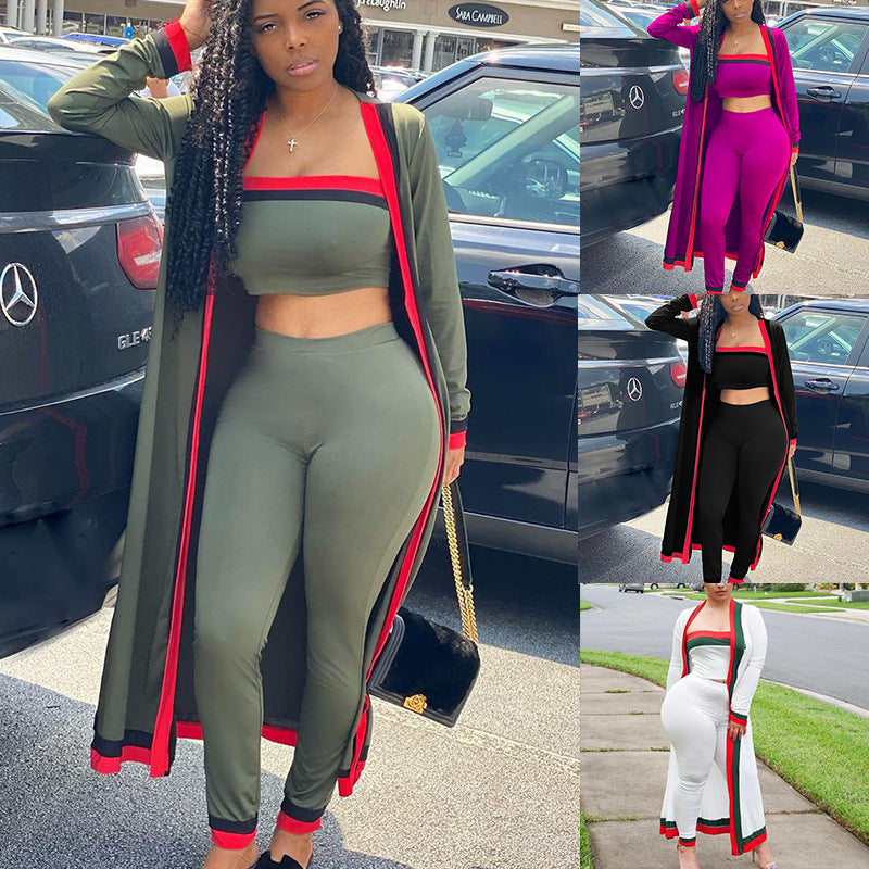 Women's Contrast Color Long Coat Three-piece Suit - Product upscale