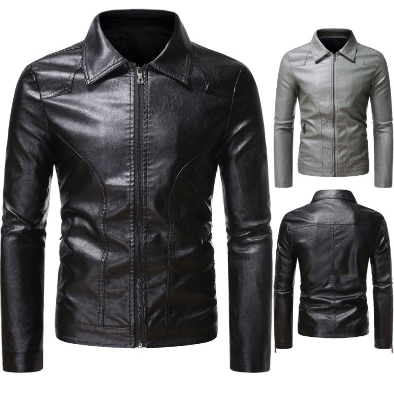 Men's Casual Slim-fit Leather Coat - Product upscale