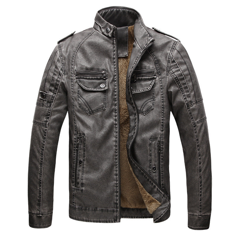 Men's Leather Jacket Plus Velvet Washed Retro Jacket - Product upscale