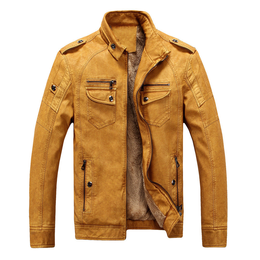 Men's Leather Jacket Plus Velvet Washed Retro Jacket - Product upscale