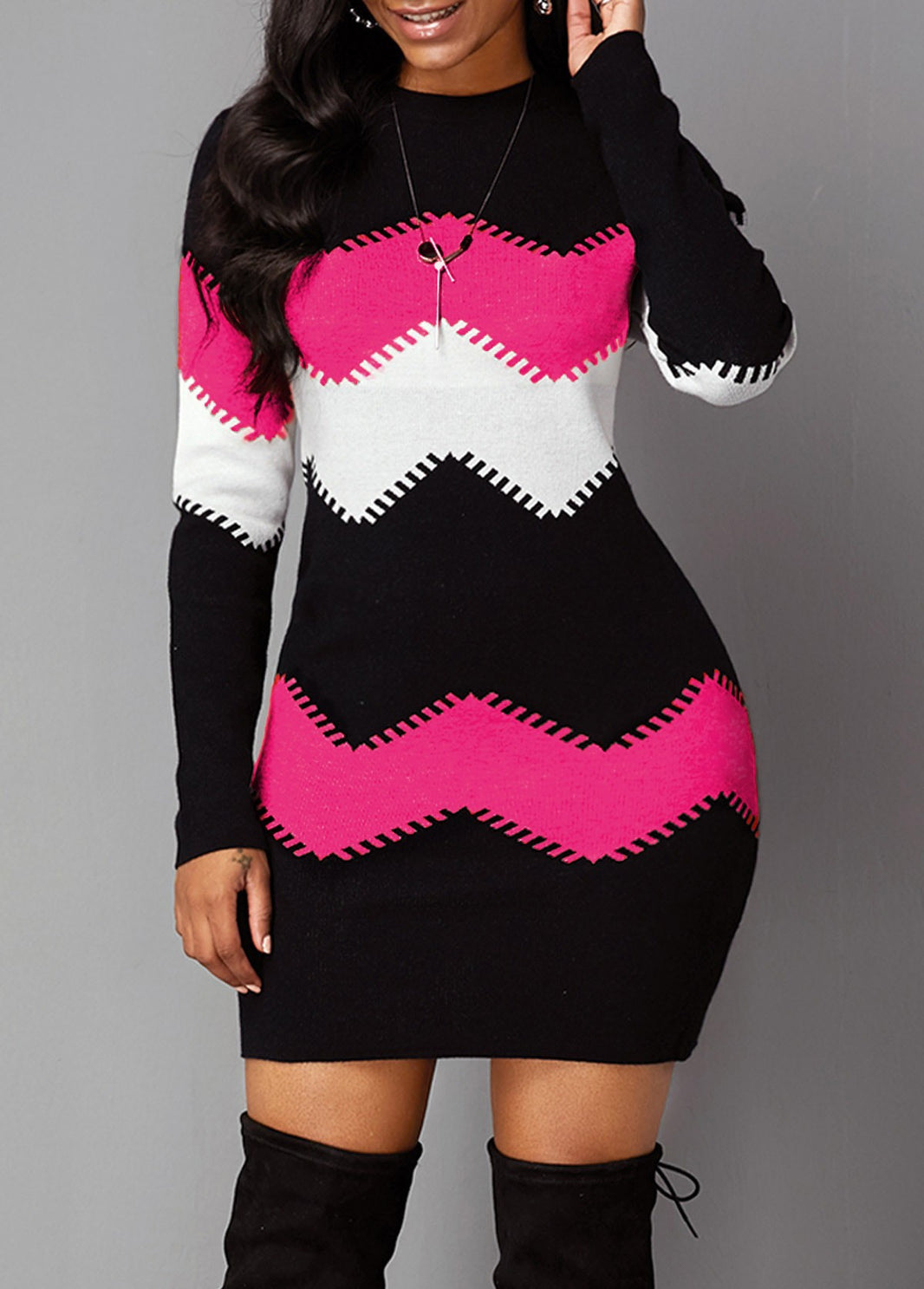 Women's Mid-length Round Neck Long Sleeve Printed Knitted Dress - Product upscale