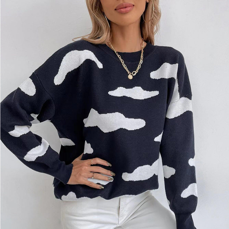 Women's Fashion Long Sleeve Round Neck Color Clash Jacquard Sweater - Product upscale