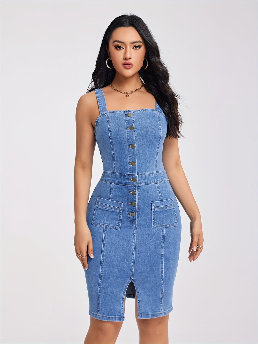 Half-button Split Front Denim Dress, Wide Strap Patched Pocket Sexy Slim Fitted Denim Dress, Women's Denim Clothing