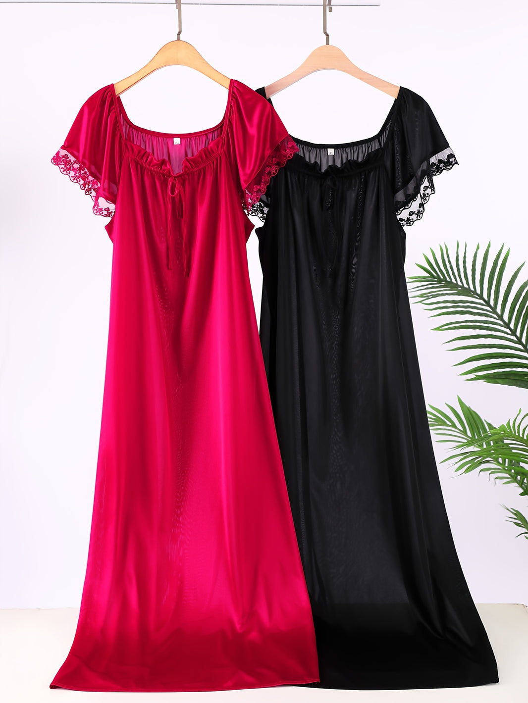 2 Pack Plus Size Sexy Nightdress Set, Women's Plus Contrast Lace Short Sleeve Square Neck Tie Front Lettuce Trim Sleep Dress 2 Piece Set