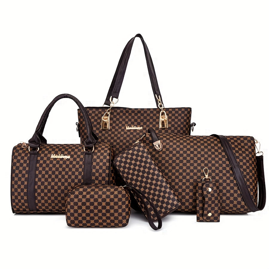 6 Pcs Vintage Geometric Pattern Women's Bag Sets, Classic Tote Bag, Lightweight Satchel Bag With Crossbody Bag, Clutch Purses And Key Holder Case