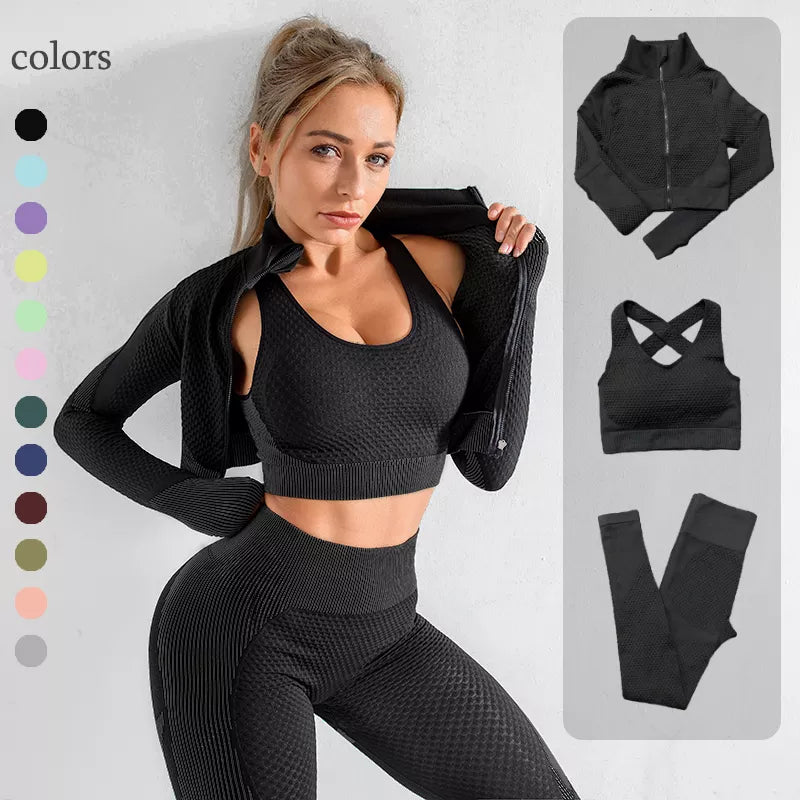 2/3PCS Seamless Women Yoga Set Workout Sportswear Gym Clothing Fitness Long Sleeve Crop Top High Waist Leggings Sports Suits - Product upscale