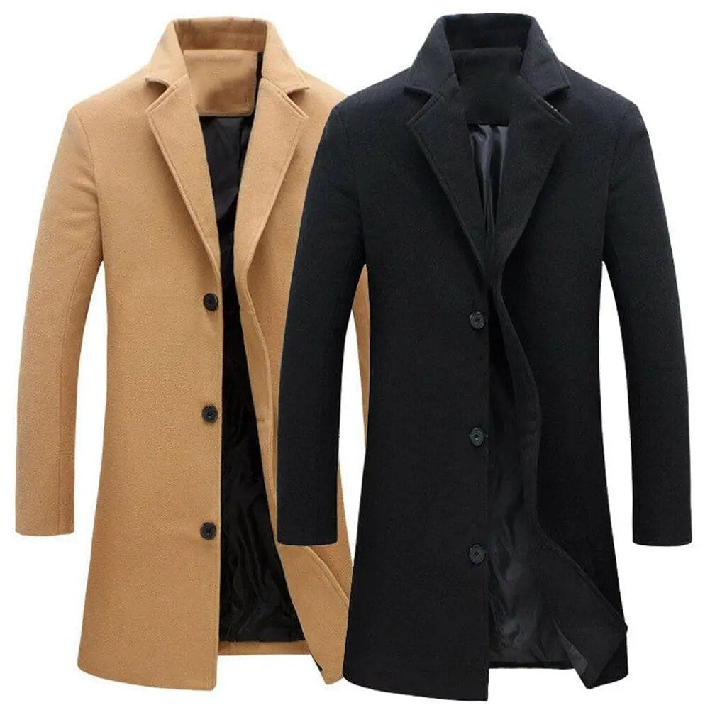 Autumn Winter Fashion Men's Woolen Coats Solid Color Single Breasted Lapel Long Coat Jacket Casual Overcoat Plus Size 5 Colors - Product upscale
