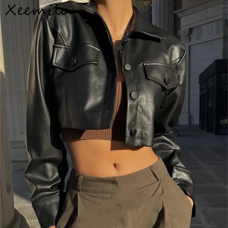 Xeemilo Autumn Faux Leather Short Jacket Y2K Turn-down Collar Fashion Botton Decoration PU Coat 2022 Grunge Street Casual Coats - Product upscale
