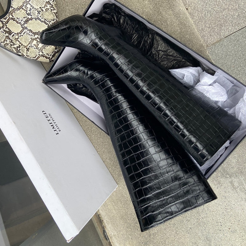 Women's Croc Square Toe Embossed Knee Boots Kitten Mid Heel Pattern Black Long Female Western Women Shoes Slip On - Product upscale