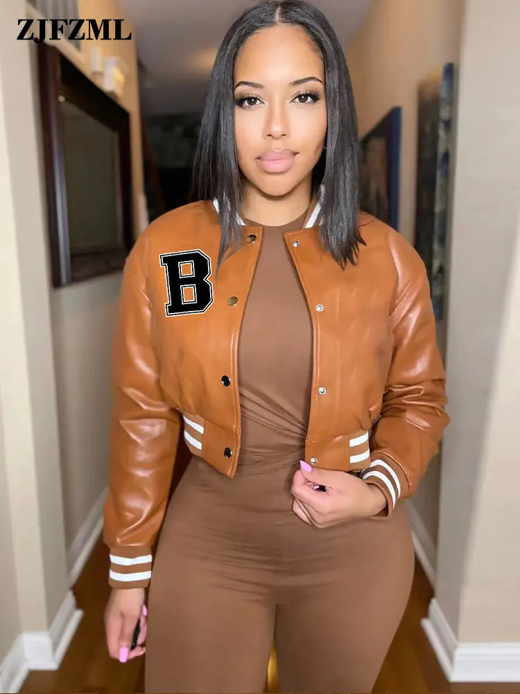 Letter B PU Faux Leather Crop Bomber Coat Ladies Stand Collar Full Sleeve Baseball Jackets Streetwear Button Down Slim Fit Coats - Product upscale
