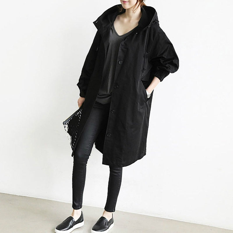 2023 Women Fashion Trench Coat Spring Autumn Casual Hooded Medium Long Overcoat Loose Windproof Coat Trendy Large Size - Product upscale