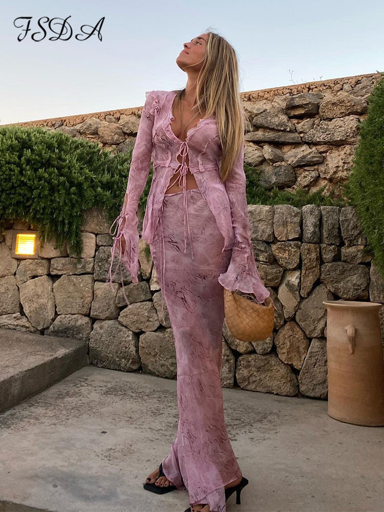 FSDA Print Y2K Mesh Long Sleeve Top Shirts Green And Maxi Skirt Bodycon Sexy Two Piece Sets Beach Outfits Women Club - Product upscale