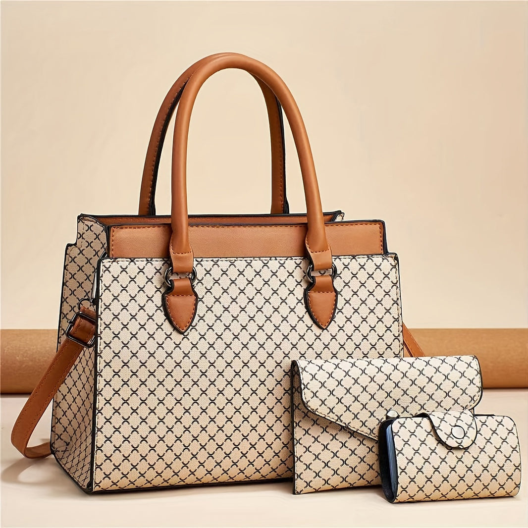 3Pcs Retro Geometric Pattern Tote Bag Set, Faux Leather Shoulder Bag & Clutch & Coin Bag, Perfect Women Bag Set For Daily Use