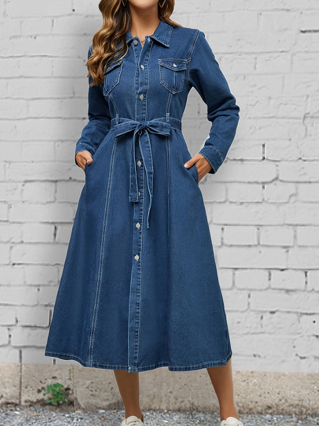 Long Sleeve Tie Belt Lapel Denim Dress, Button Down Breathable Elegant Denim Dress With Flap Pocket, Women's Denim Clothing