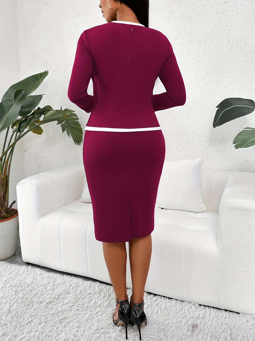 2 In 1 Contrast Trim Dress, Elegant Bodycon Long Sleeve Dress For Office & Work, Women's Clothing