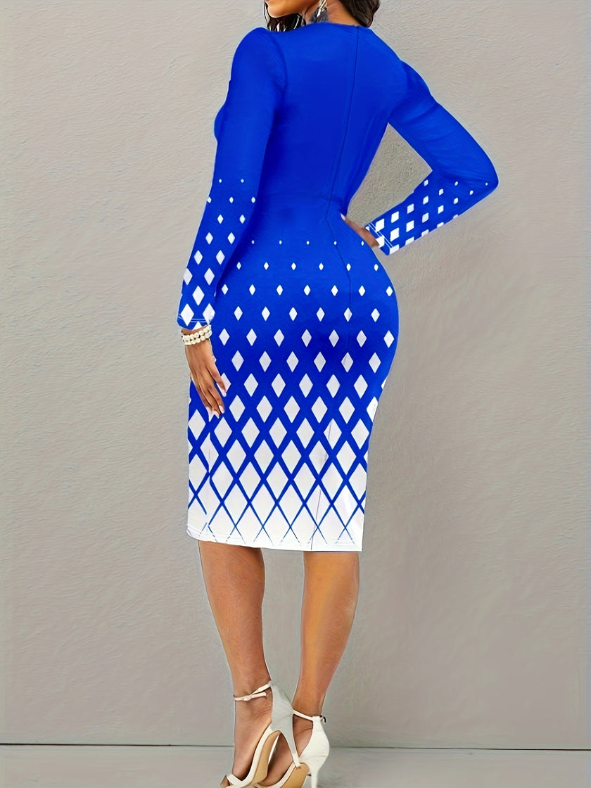 Plus Size Elegant Dress, Women's Plus Geometric Print Long Sleeve Notched Neck Slim Fit Dress