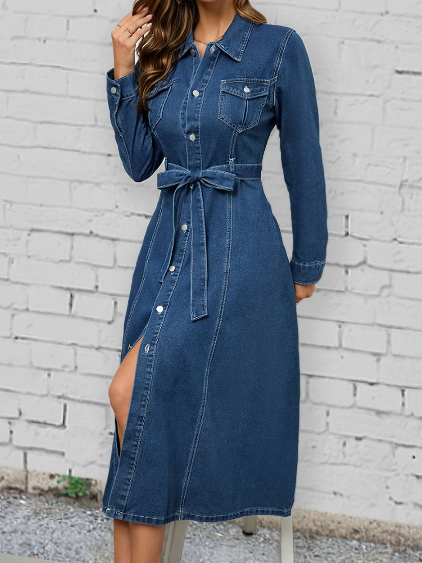 Long Sleeve Tie Belt Lapel Denim Dress, Button Down Breathable Elegant Denim Dress With Flap Pocket, Women's Denim Clothing