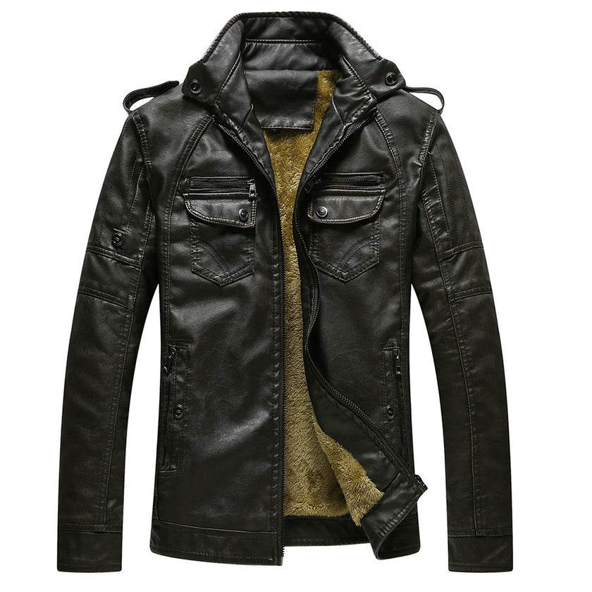 Men's Leather Jacket Plus Velvet Washed Retro Jacket - Product upscale 