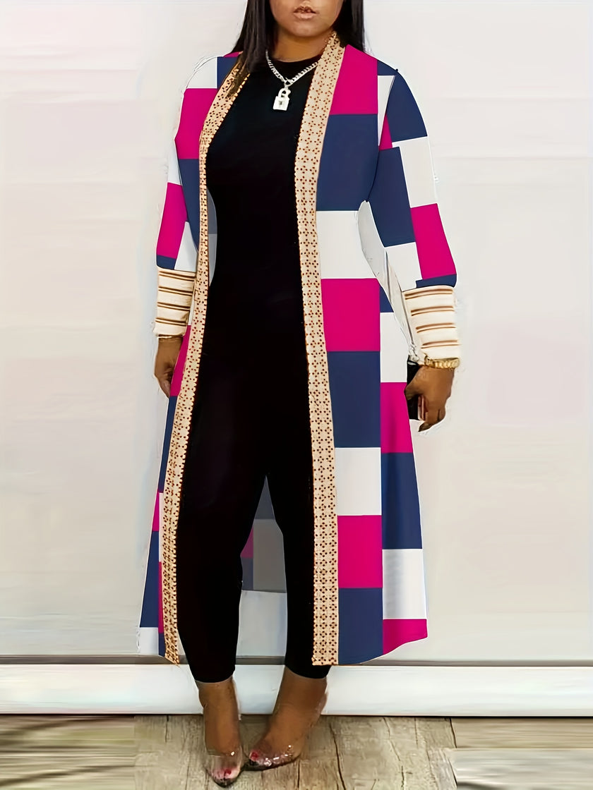 Geometric Print Cardigan, Casual Long Sleeve Open Front Long Cardigan, Women's Clothing