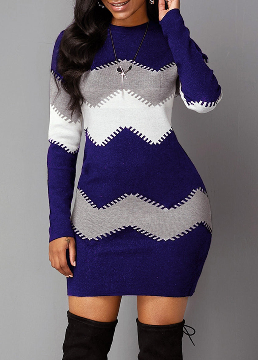 Women's Mid-length Round Neck Long Sleeve Printed Knitted Dress - Product upscale 