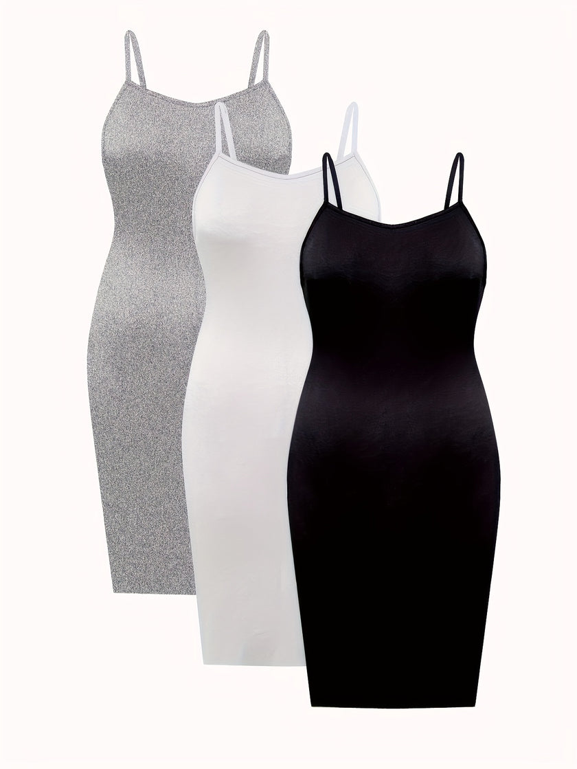 3 Pack Plus Size Basic Dress, Women's Plus Plain Round Neck Medium Stretch Cami Dress 3pcs Set