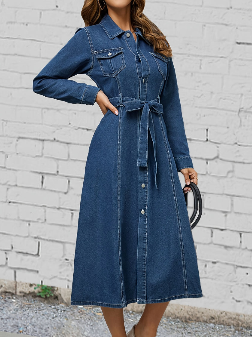 Long Sleeve Tie Belt Lapel Denim Dress, Button Down Breathable Elegant Denim Dress With Flap Pocket, Women's Denim Clothing