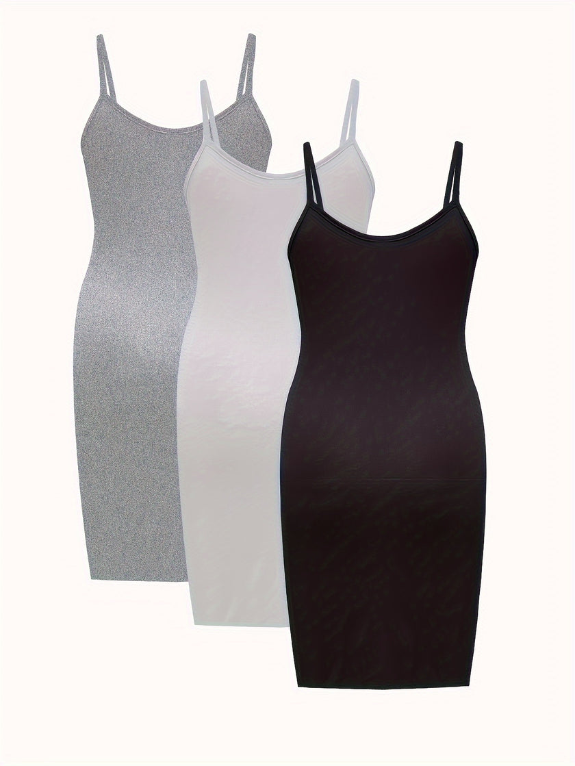 3 Pack Plus Size Basic Dress, Women's Plus Plain Round Neck Medium Stretch Cami Dress 3pcs Set