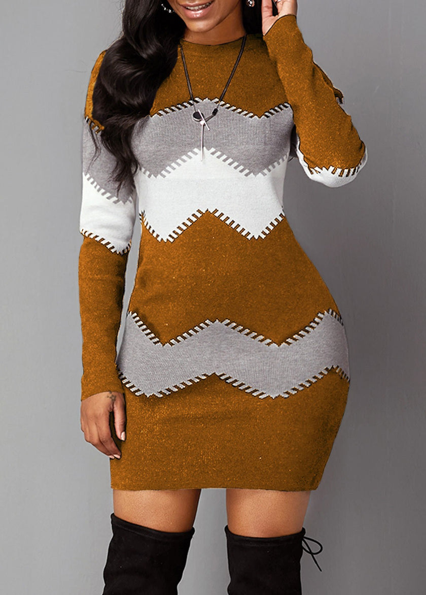 Women's Mid-length Round Neck Long Sleeve Printed Knitted Dress - Product upscale 