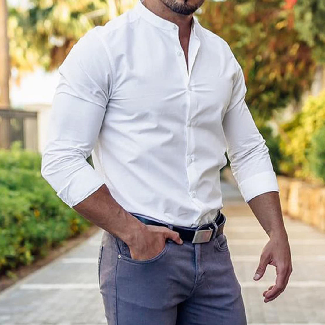 Men's Long Sleeve Shirt Casual Button-Down Slim Tops Solid Color Casual Clothing - Product upscale 