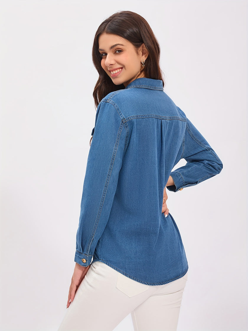 Flap Pocket Button Up Denim Polo Shirts, Long Sleeve Versatile Denim Tops, Women's Denim Clothing