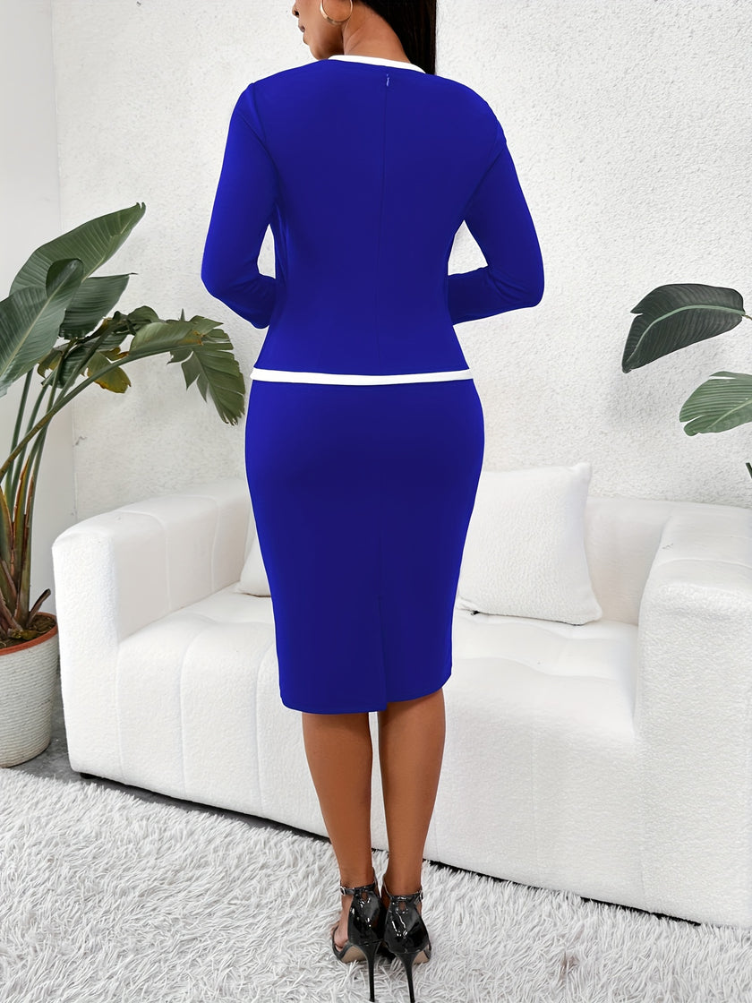 2 In 1 Contrast Trim Dress, Elegant Bodycon Long Sleeve Dress For Office & Work, Women's Clothing