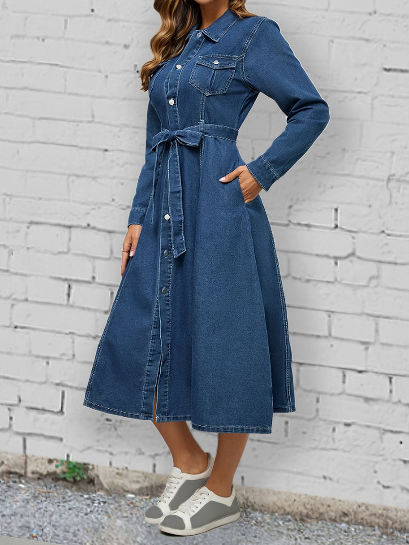 Long Sleeve Tie Belt Lapel Denim Dress, Button Down Breathable Elegant Denim Dress With Flap Pocket, Women's Denim Clothing