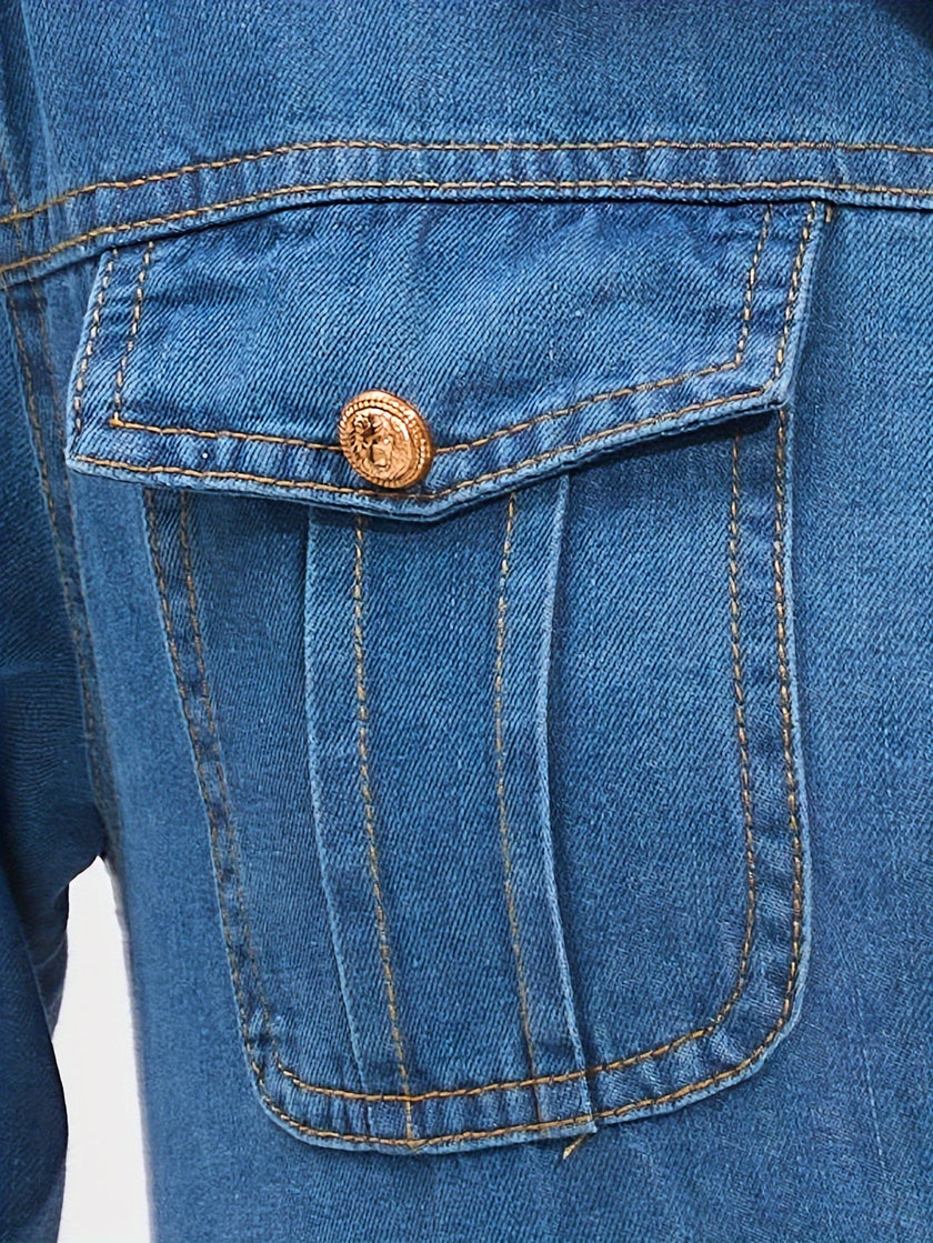 Flap Pocket Button Up Denim Polo Shirts, Long Sleeve Versatile Denim Tops, Women's Denim Clothing