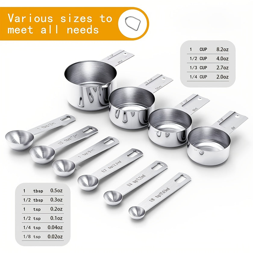 1 Set Stainless Steel Measuring Cups & Spoons Set, Cups And Spoons, Kitchen Gadgets For Cooking & Baking (4+6) 0.86lb