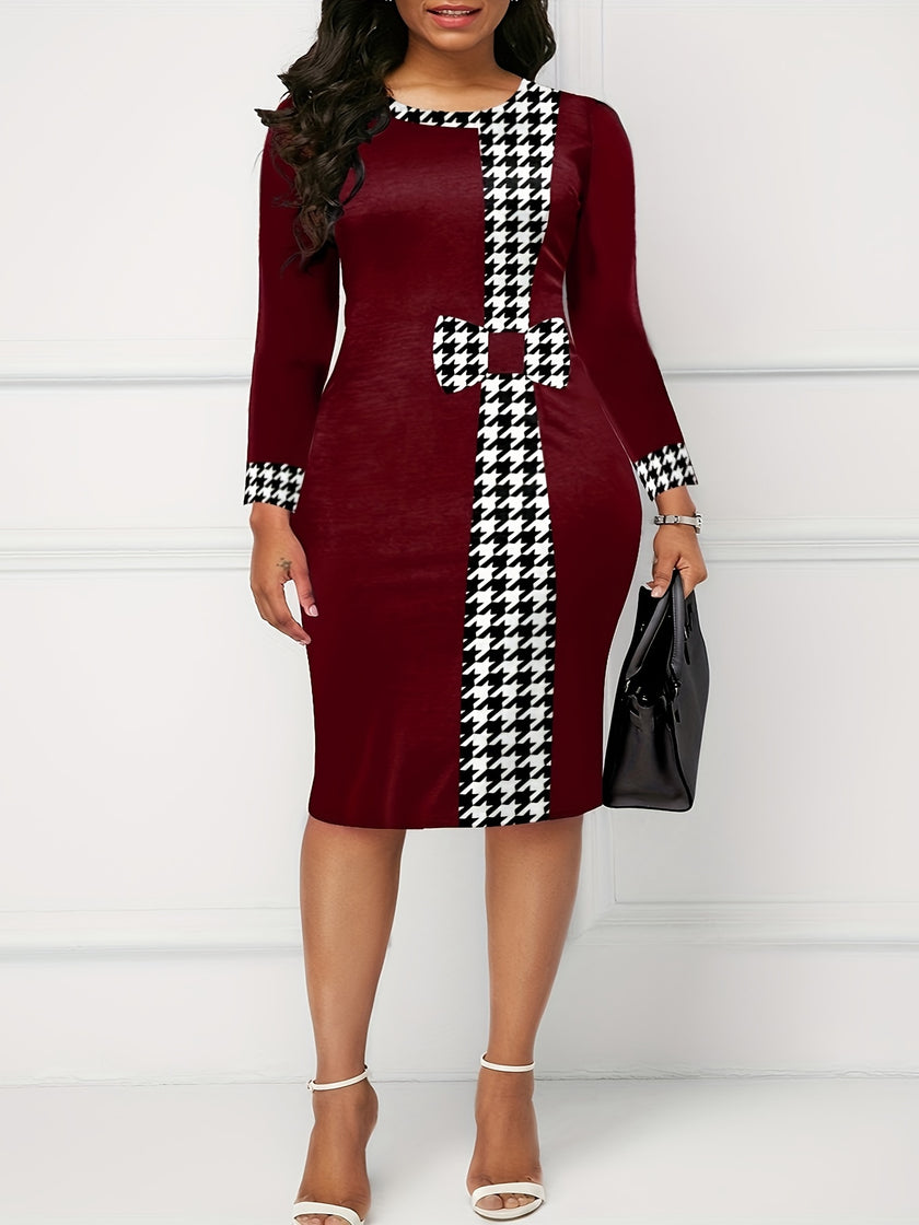 Plus Size Elegant Dress, Women's Plus Colorblock Houndstooth Print Long Sleeve Round Neck Midi Dress