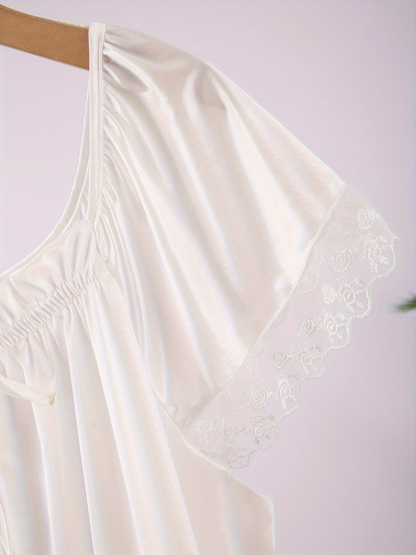2 Pack Plus Size Sexy Nightdress Set, Women's Plus Contrast Lace Short Sleeve Square Neck Tie Front Lettuce Trim Sleep Dress 2 Piece Set