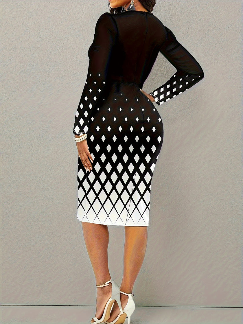 Plus Size Elegant Dress, Women's Plus Geometric Print Long Sleeve Notched Neck Slim Fit Dress
