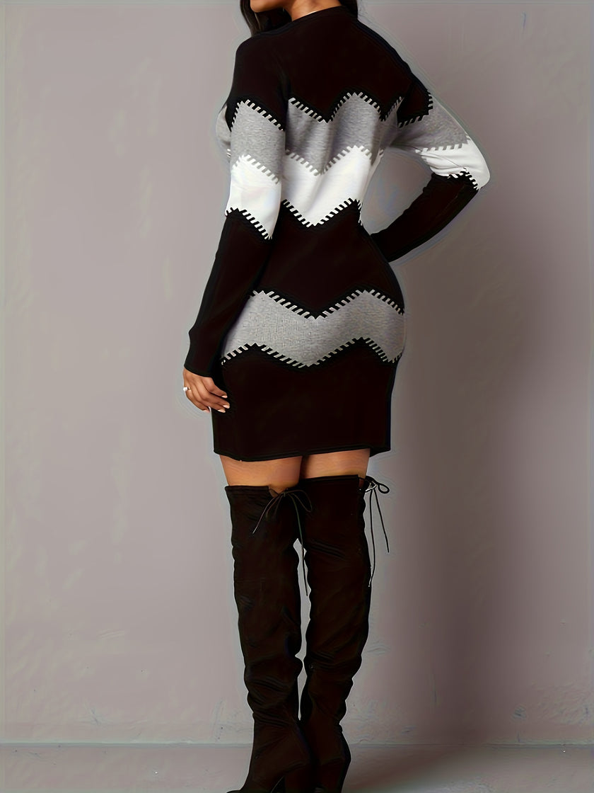 Plus Size Casual Dress, Women's Plus Colorblock Stripe Print Long Sleeve Round Neck Dress