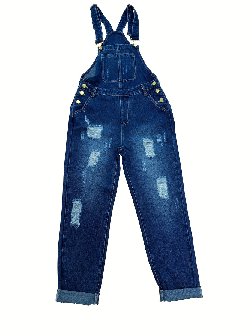 Ripped Distressed Washed Denim Overalls, Adjustable Strap Roll Up Hem Denim Jumpsuit, Women's Denim Jeans & Clothing