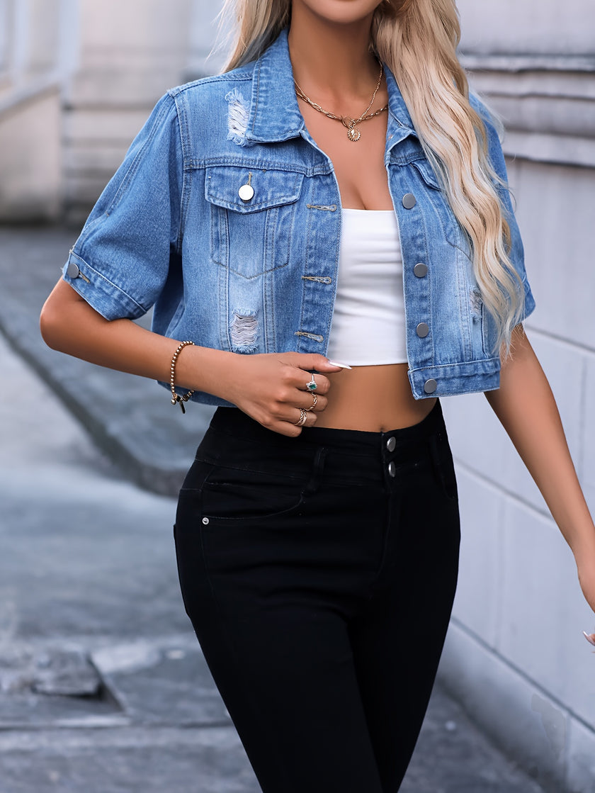 Blue Ripped Holes Lapel Denim Top, Short Sleeves Single Breasted Button Crop Denim Jacket, Women's Denim Clothing