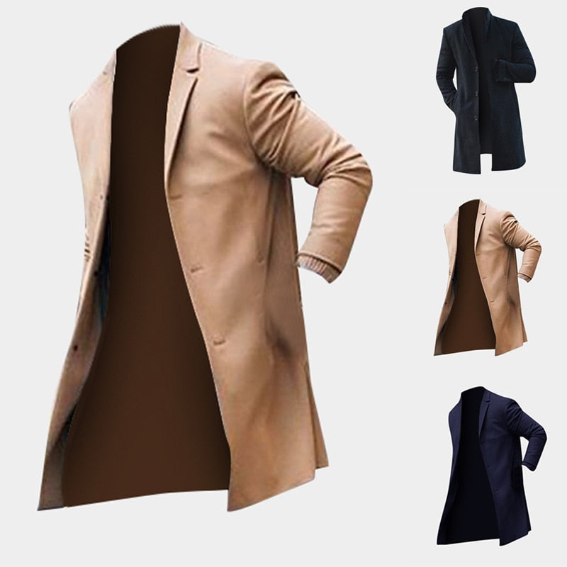 Fashion Winter Men's Trench Long Jackets Coats Overcoat Classic Jackets Solid Slim Fit Outwear Hombre Men Clothes Khaki Black - Product upscale 
