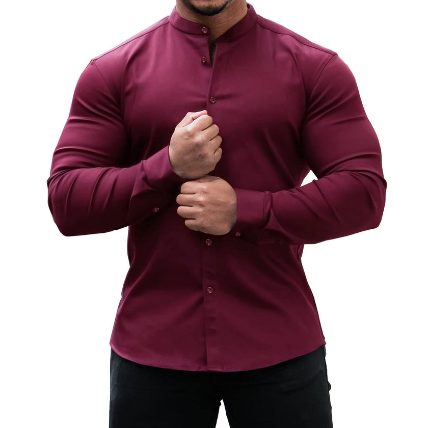 Men's Long Sleeve Shirt Casual Button-Down Slim Tops Solid Color Casual Clothing - Product upscale 
