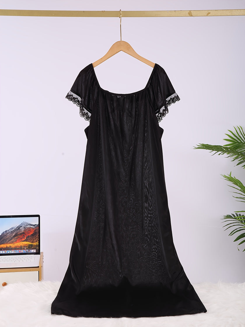 2 Pack Plus Size Sexy Nightdress Set, Women's Plus Contrast Lace Short Sleeve Square Neck Tie Front Lettuce Trim Sleep Dress 2 Piece Set