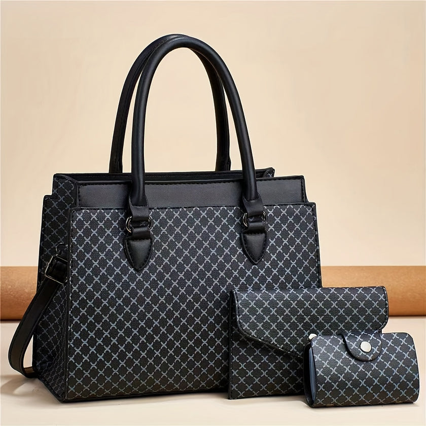 3Pcs Retro Geometric Pattern Tote Bag Set, Faux Leather Shoulder Bag & Clutch & Coin Bag, Perfect Women Bag Set For Daily Use