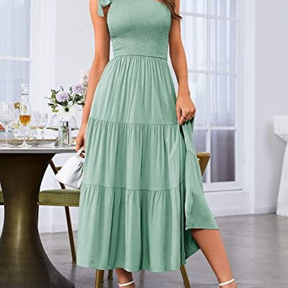 2023 New Summer Fashion Women's One-shoulder Pleated Layered Hem Split Dress - Product upscale 