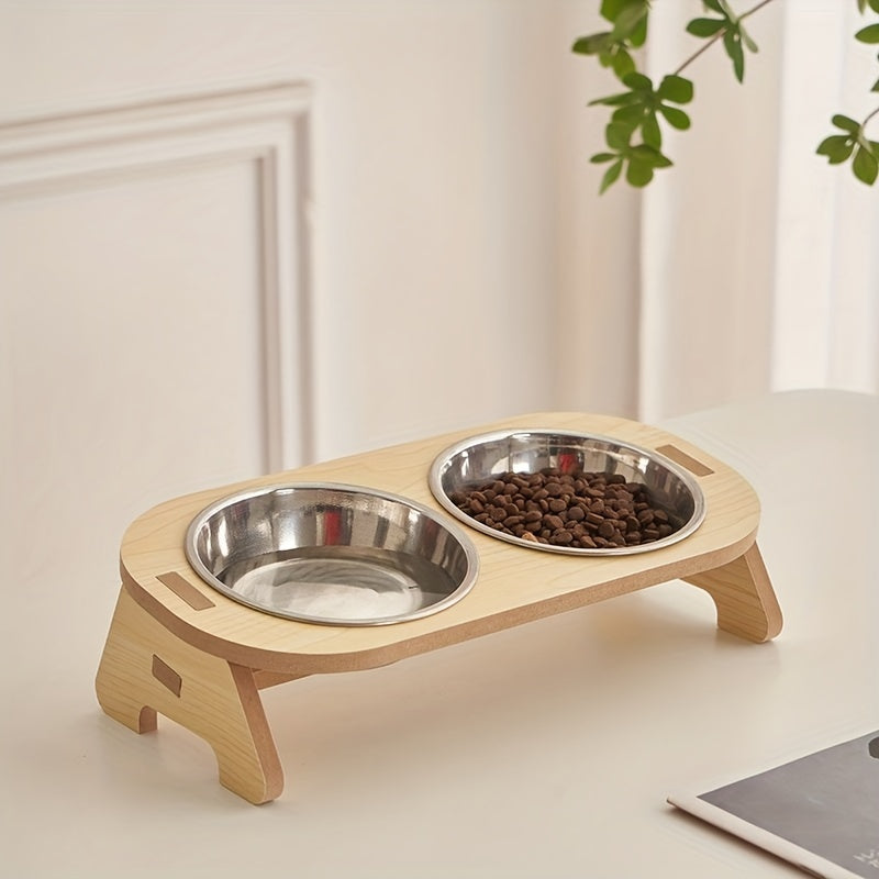 Elevated Cat Inclined Food Bowl Water Bowl With Wooden Stand For Cervical Spine Protection, Detachable Stainless Steel Pet Feeding Basin For Cats