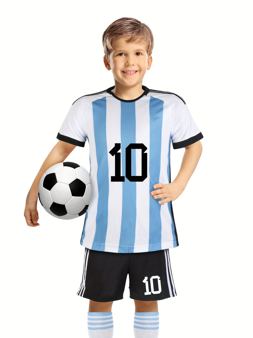 4pcs Argentina Striped Soccer Jersey for Kids, No. 10 Football Jersey Set, Jersey & Shorts & Socks & Knee Pads, Kid's Clothes