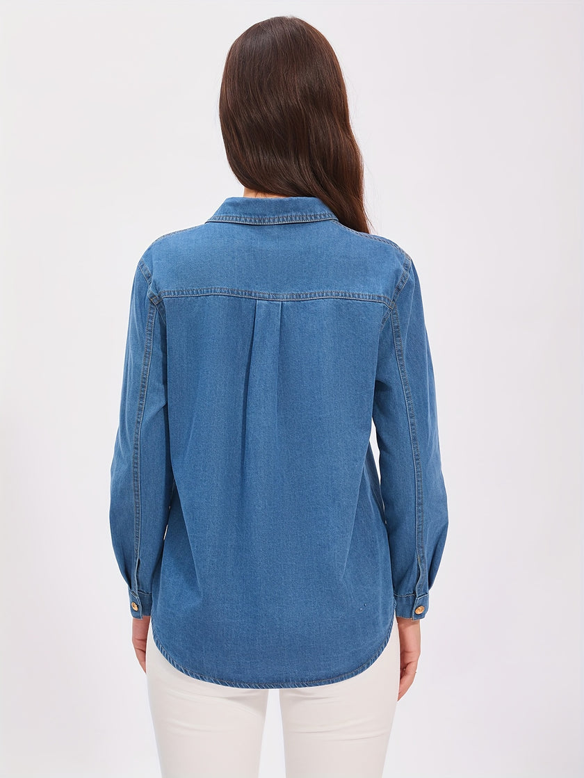 Flap Pocket Button Up Denim Polo Shirts, Long Sleeve Versatile Denim Tops, Women's Denim Clothing